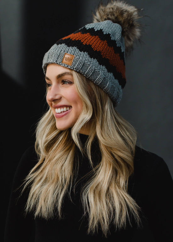 Gray, Charcoal & Rust Patterned Pom Hat