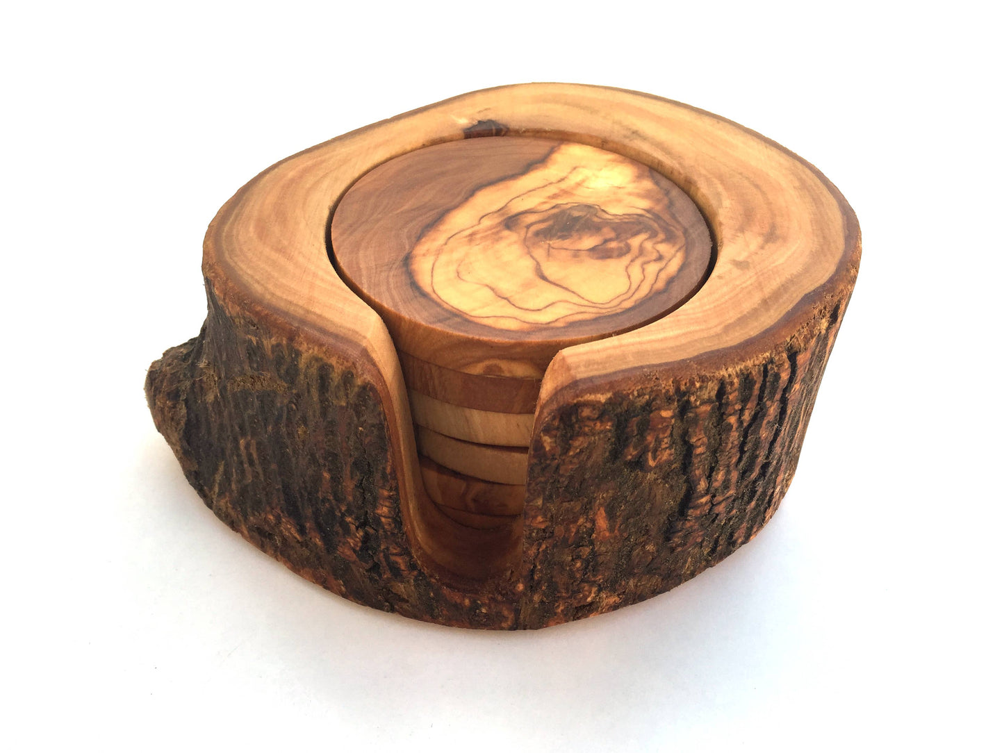 Load image into Gallery viewer, Set of 6 coasters with rustic olive wood holder
