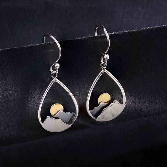 Load image into Gallery viewer, Silver Mountain Teardrop Earrings with Bronze Sun 35x15mm
